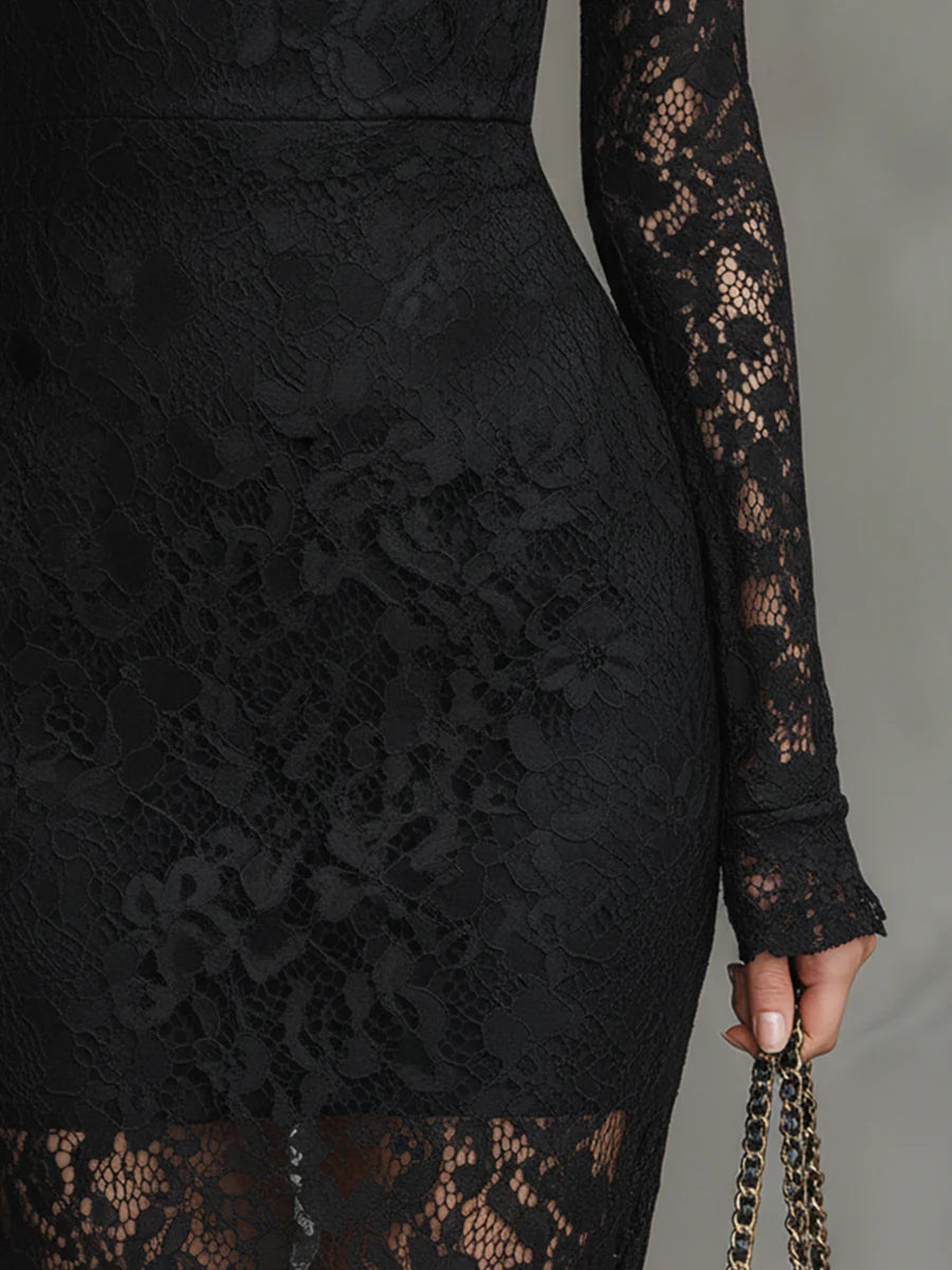 Daily Black High Collar Long Sleeve Mermaid Vintage See Through Lace Midi Dresses