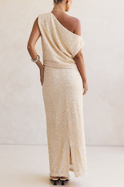 Milla Knit Sequin Asymmetrical Neck Draped Loose Top