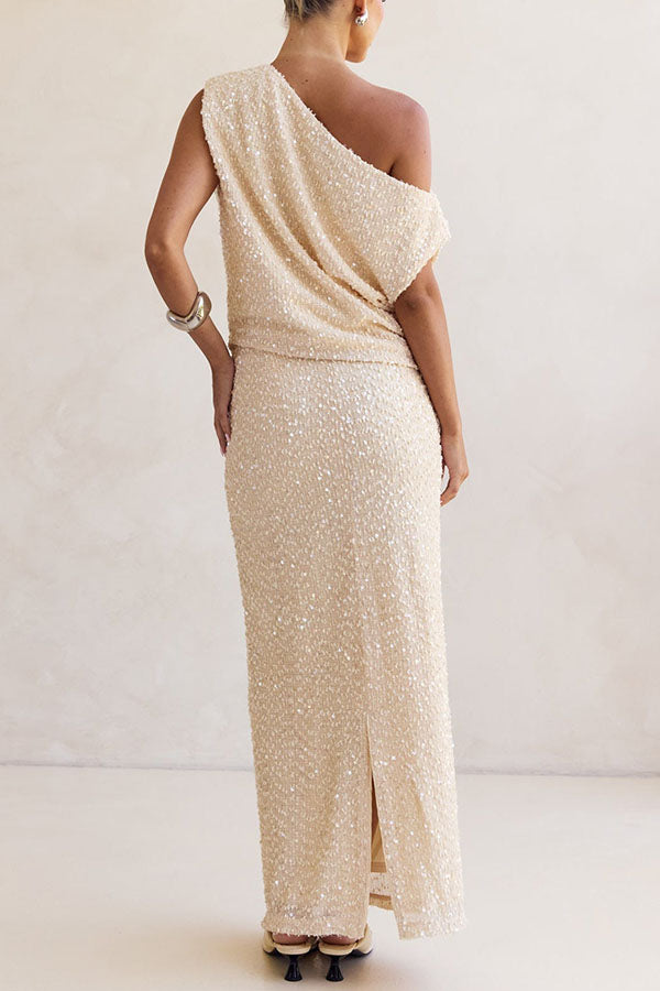 Milla Knit Sequin High Rise Side Zipper Slit Straight Maxi Skirt