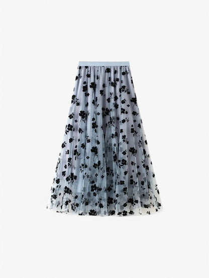 Pleated Midi Skirt | Sheer Floral Mesh Overlay | A-line Silhouette