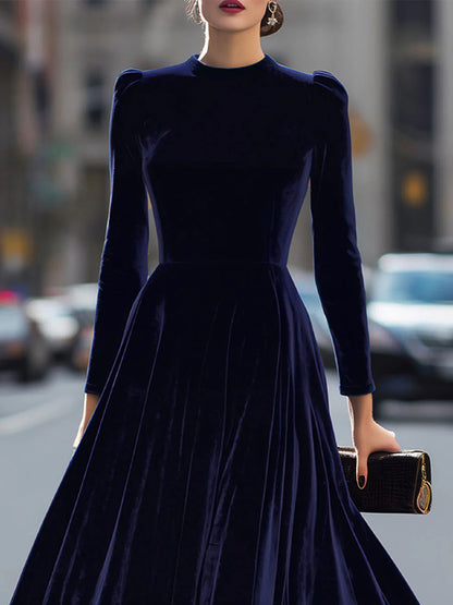 Party Navy Blue High Collar Long Sleeve Ruffled Casual Velvet Midi Dresses