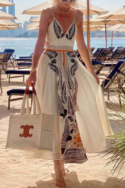 Vestido largo clásico de lino con estampado único y sexy, escote en V y lazo en la cintura