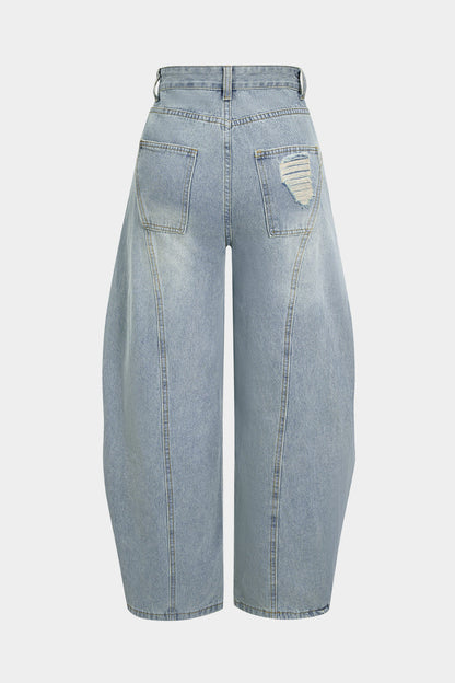 Denim Ripped Ruched Barrel Jeans