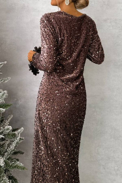 VESTIDO MIDI DE LENTEJUELAS CHOCOLATE 