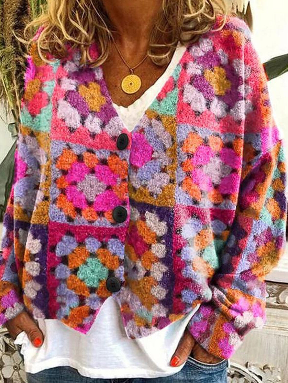 Casual Floral Pattern Three Button Knit Sweater Cardigan