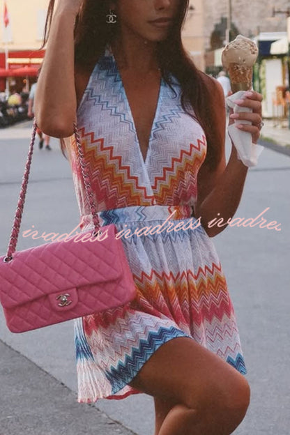 Eleanor Knit Colorful Zigzag Pattern Halter V-neck Tie-up Loose Romper