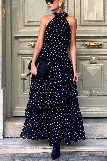 Vestido largo con cuello halter, lazo y estampado de lunares en Cabana Date