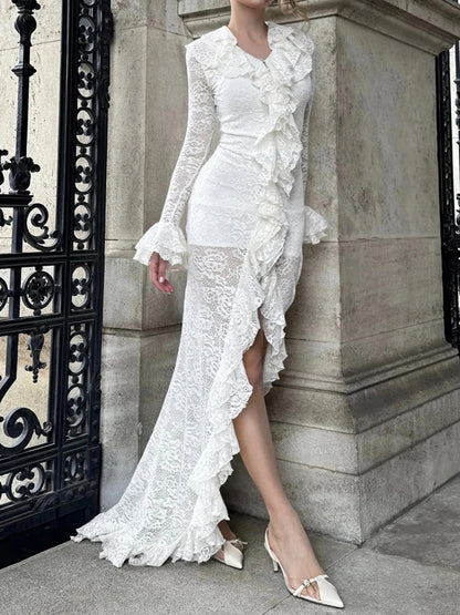 Daily White V Neck Long Sleeve Ruffle Casual Asymmetric Hem Lace Midi Dresses
