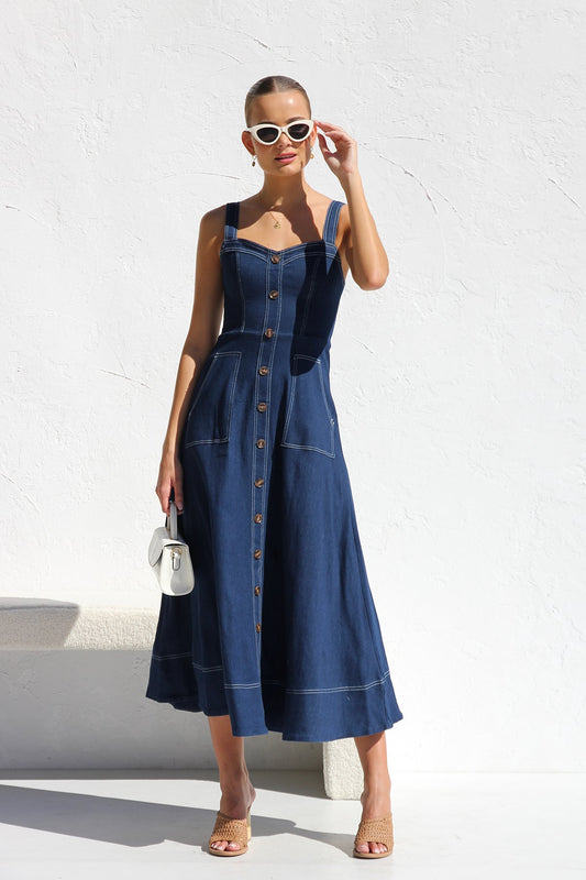 DENIM SUSPENDER CASUAL BUTTON MIDI DRESS