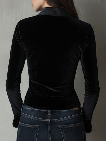 Chic Black Velvet Deep V Fitted Ruched Blouse With Satin Trim