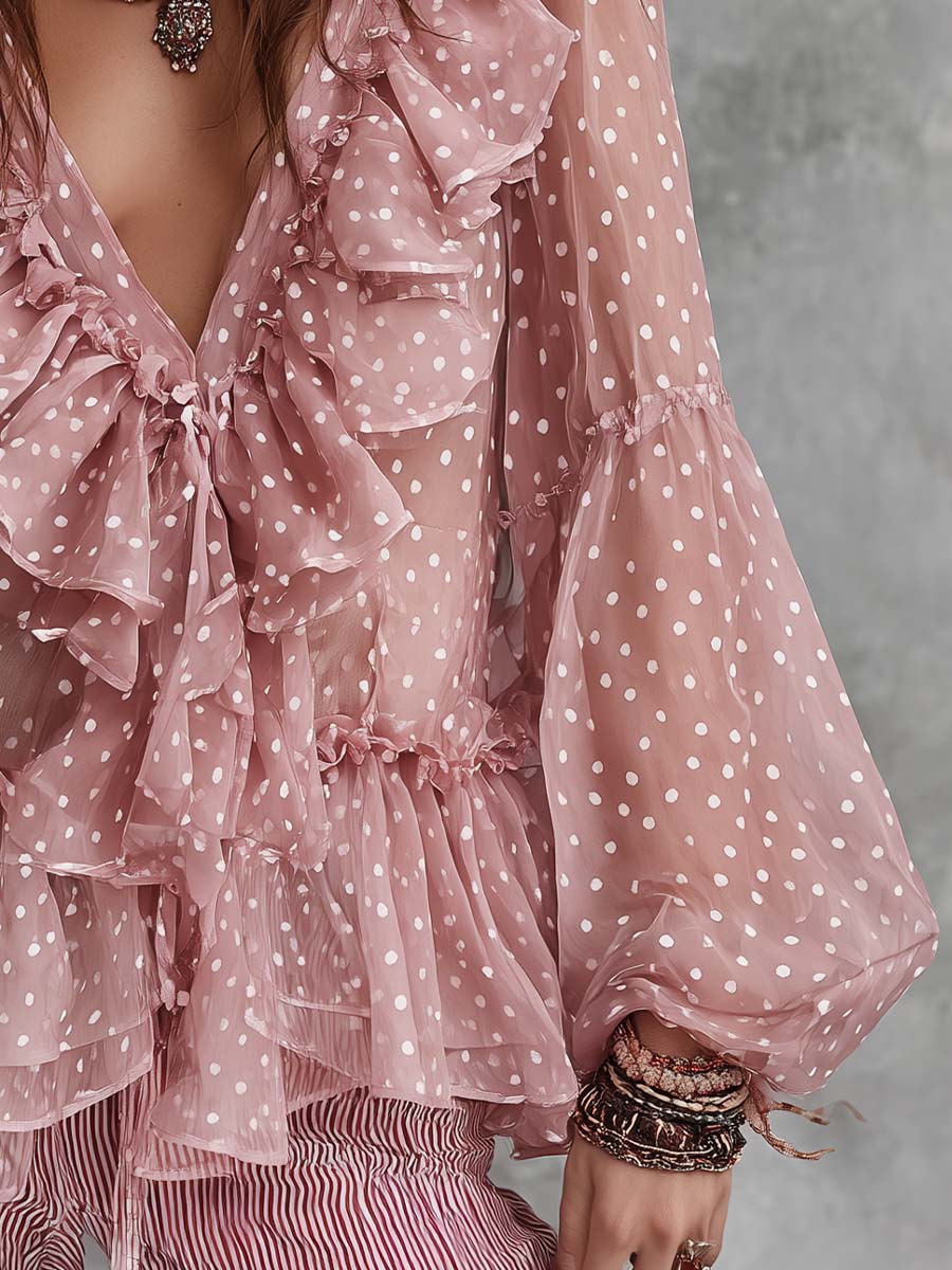 Bohemian Vintage Polka Dot Ruffled Chiffon Blouse