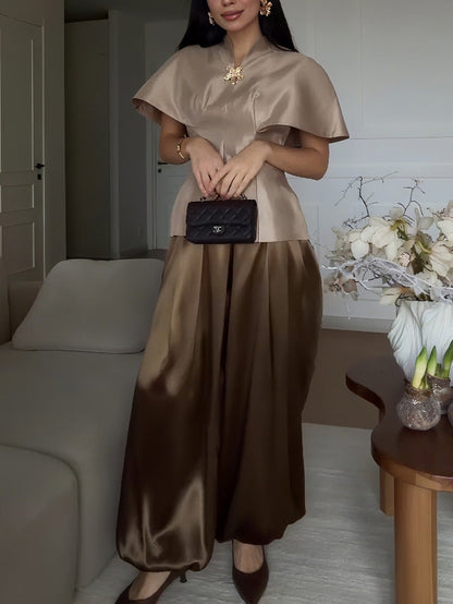 Exquisite Satin Cape Top & Wide-Leg Trousers Two-Piece Set