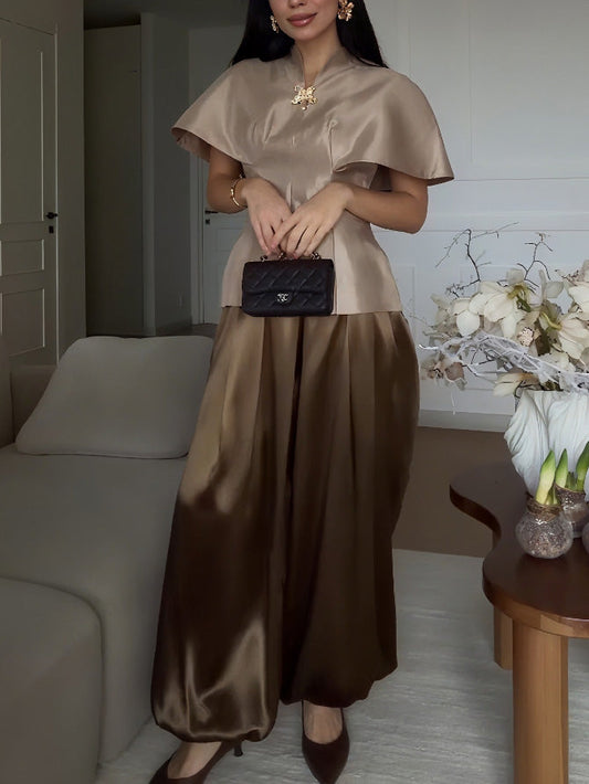 Exquisite Satin Cape Top & Wide-Leg Trousers Two-Piece Set