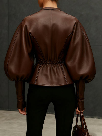 24-Hour-Shipping Brown Faux Leather Jacket With Balloon Sleeves