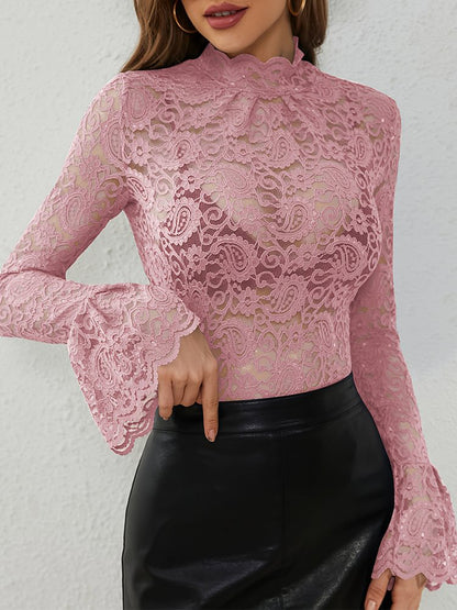 Vintage Paisley Lace See-Through Mock Neck Flare Sleeve Top