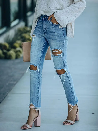 Street Style Ripped Slim-Fit Ankle-Length Jeans