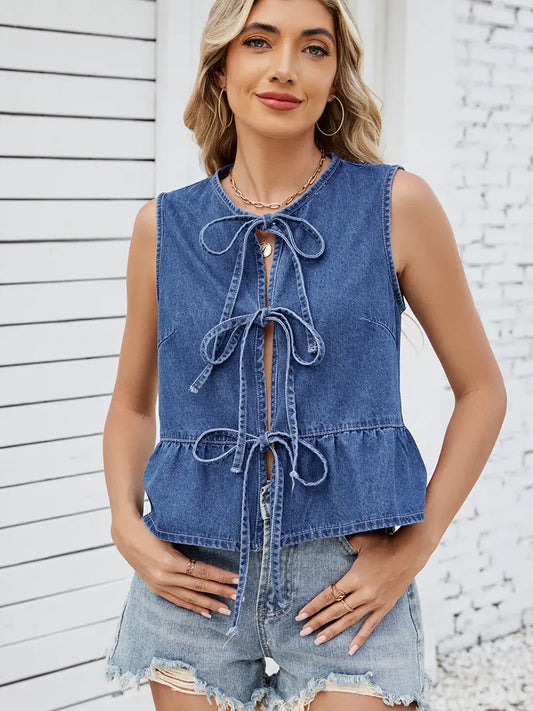 Ruffled Tie-Front Denim Vest Top