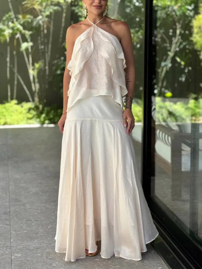 Elegant Halter Ruffle Top & Flowing Maxi Skirt Two-Piece Set