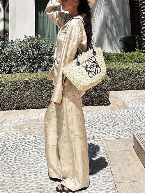 Geometric Letter Print Shirt Wide Leg Suit-Shirt