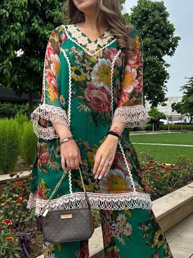 Elegant Floral Print Lace-Trim Long Shirt