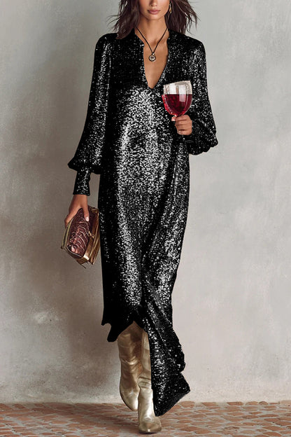 Minimalist Sparkling Sequin V-neck Long Balloon Sleeve Slit Party Maxi Dress
