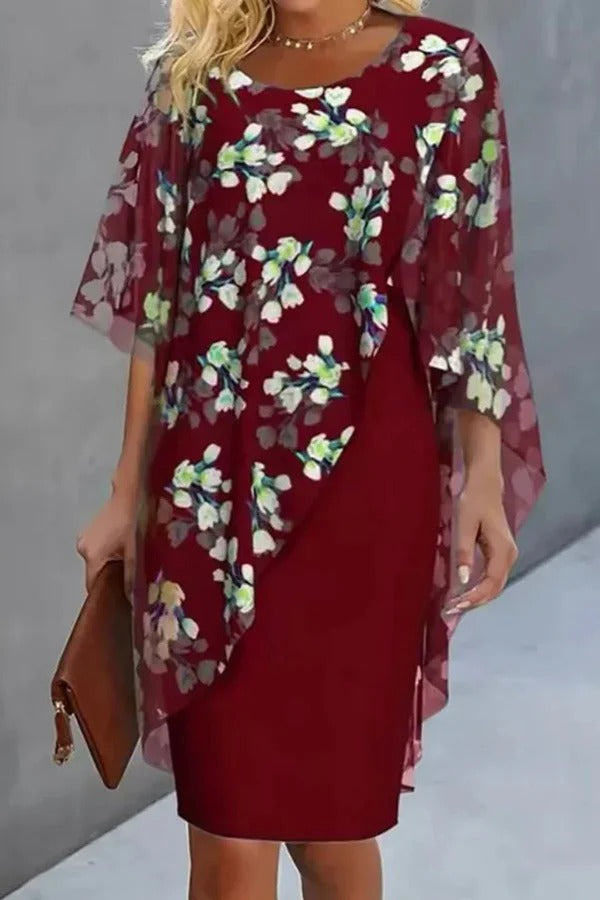 Vestido mini informal de cuello redondo con estampado floral de gasa