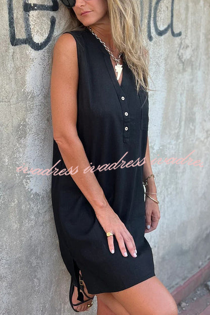 Vestido mini informal con bolsillos y escote en V sin mangas de color liso 