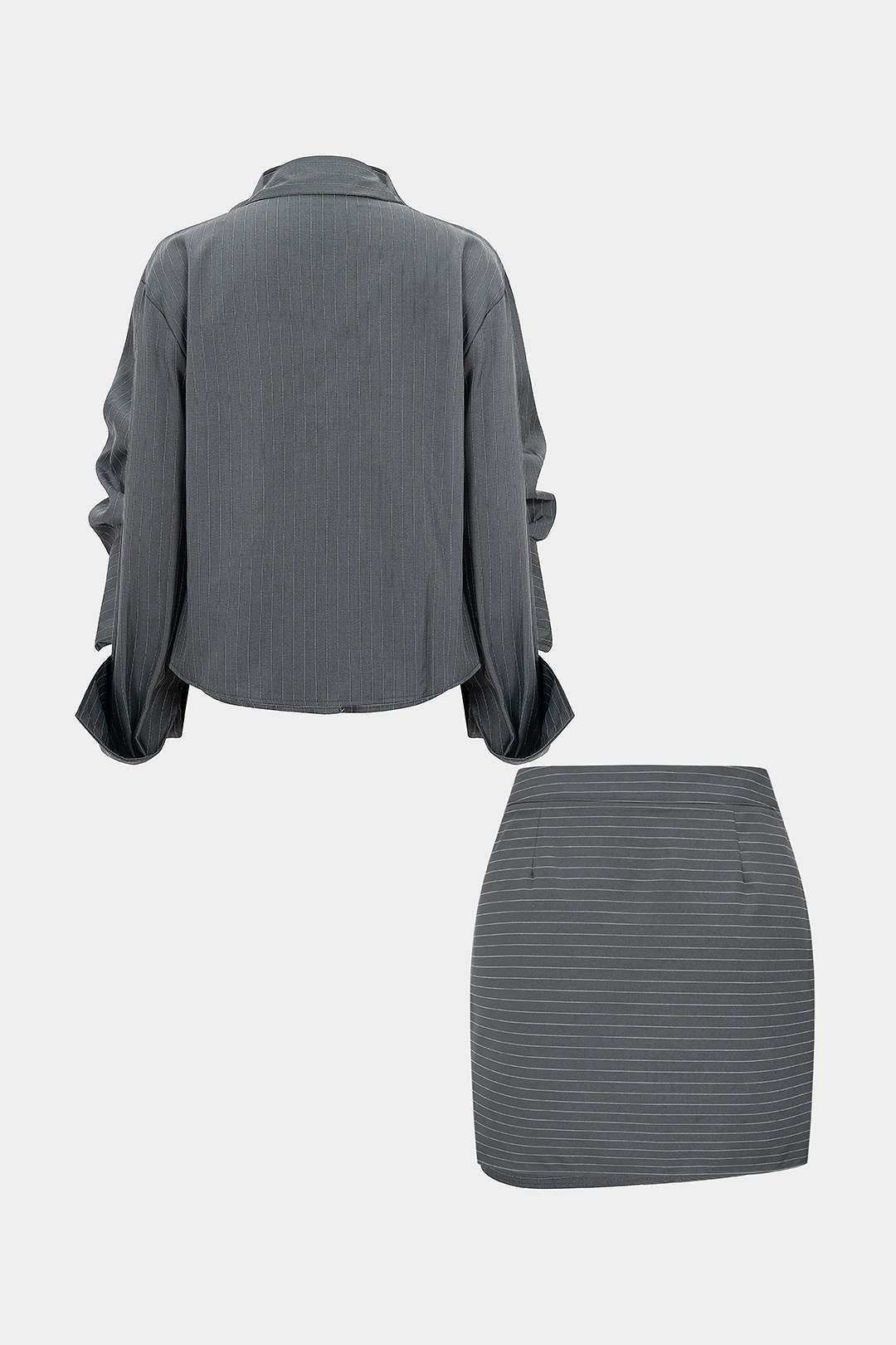 Stripes Print Button Long-Sleeve And Ruched Mini Skirt Set