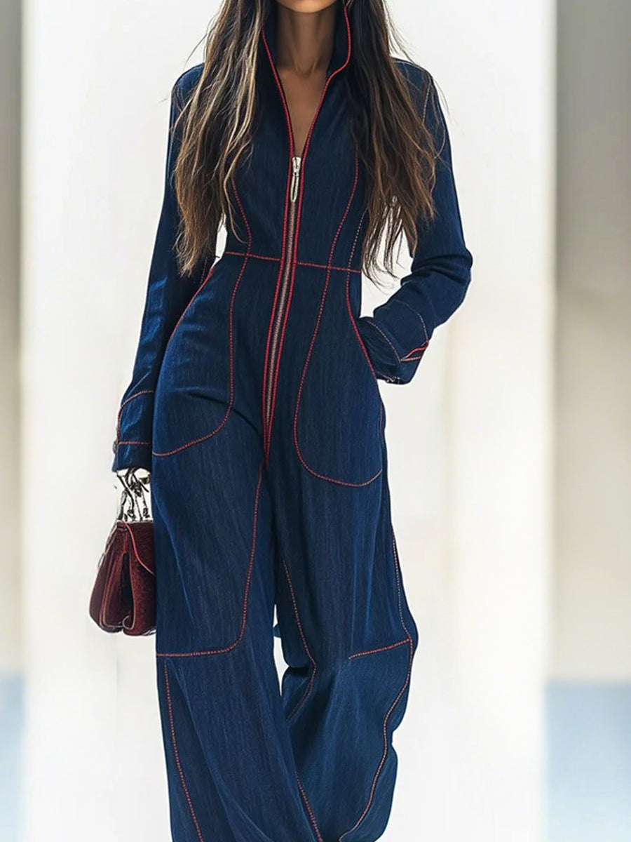 Fashion Dark Blue Denim Red Contrast Stitched Pocket Zipper Wide Leg Jumpsuit
