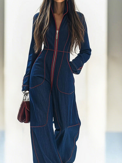 Fashion Dark Blue Denim Red Contrast Stitched Pocket Zipper Wide Leg Jumpsuit