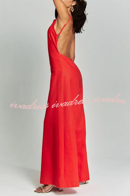 Kelso Linen Blend Square Neck Pocketed Backless Wide Leg Jumpsuit