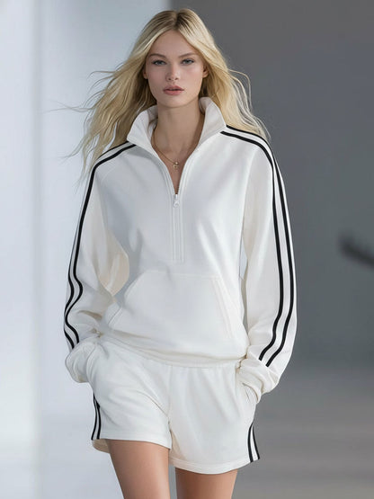 Stand-collar Zip-up Color-blocked Long-sleeved Top And Shorts Set