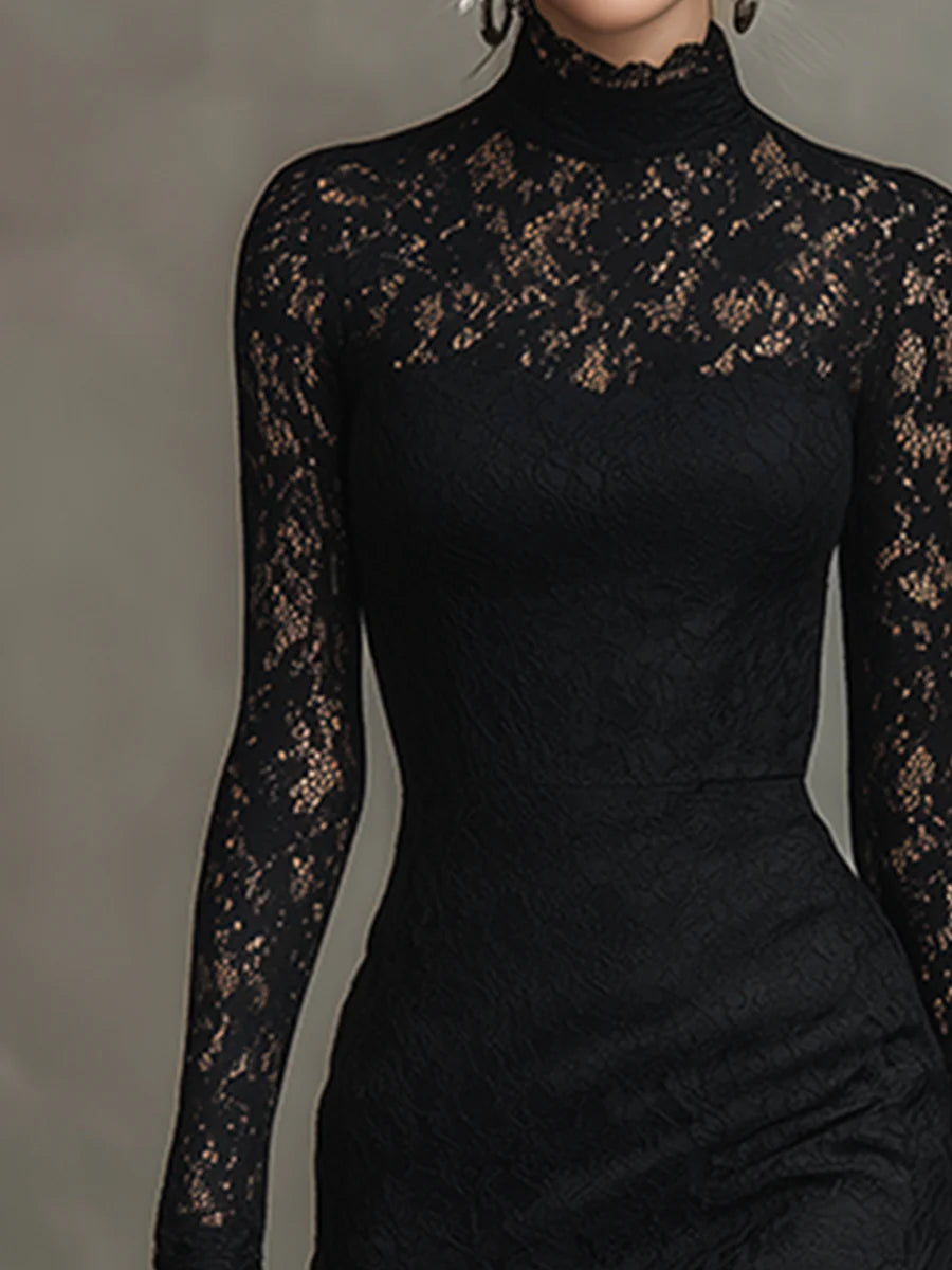 Daily Black High Collar Long Sleeve Mermaid Vintage See Through Lace Midi Dresses