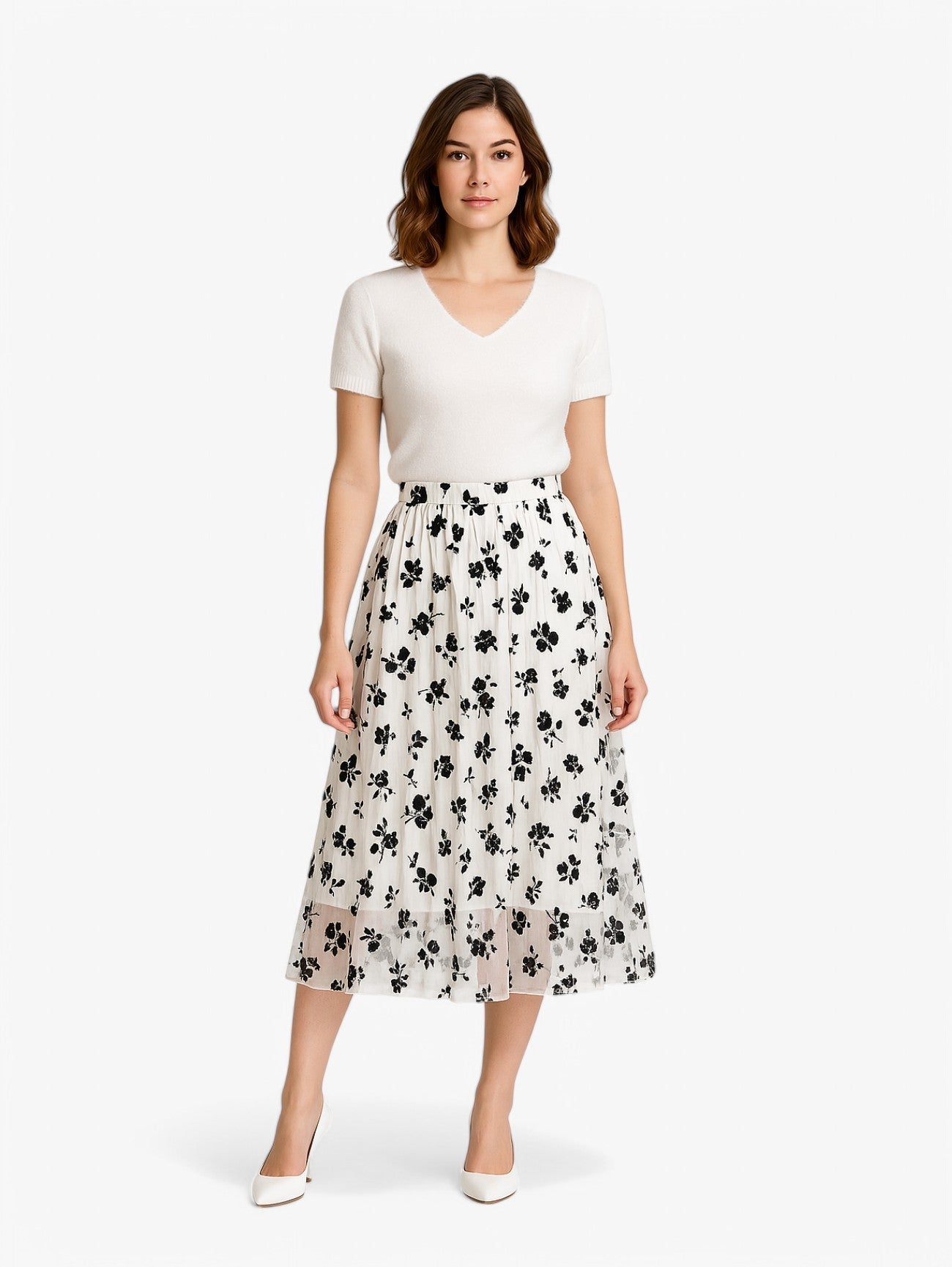 Pleated Midi Skirt | Sheer Floral Mesh Overlay | A-line Silhouette