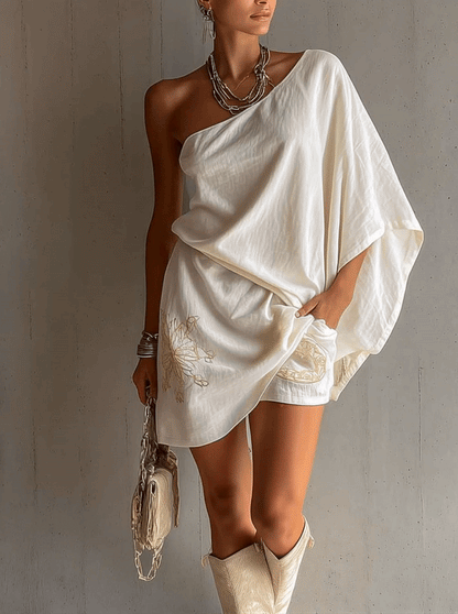 White Embroidered One Shoulder Linen Cotton Mini Romper Dress