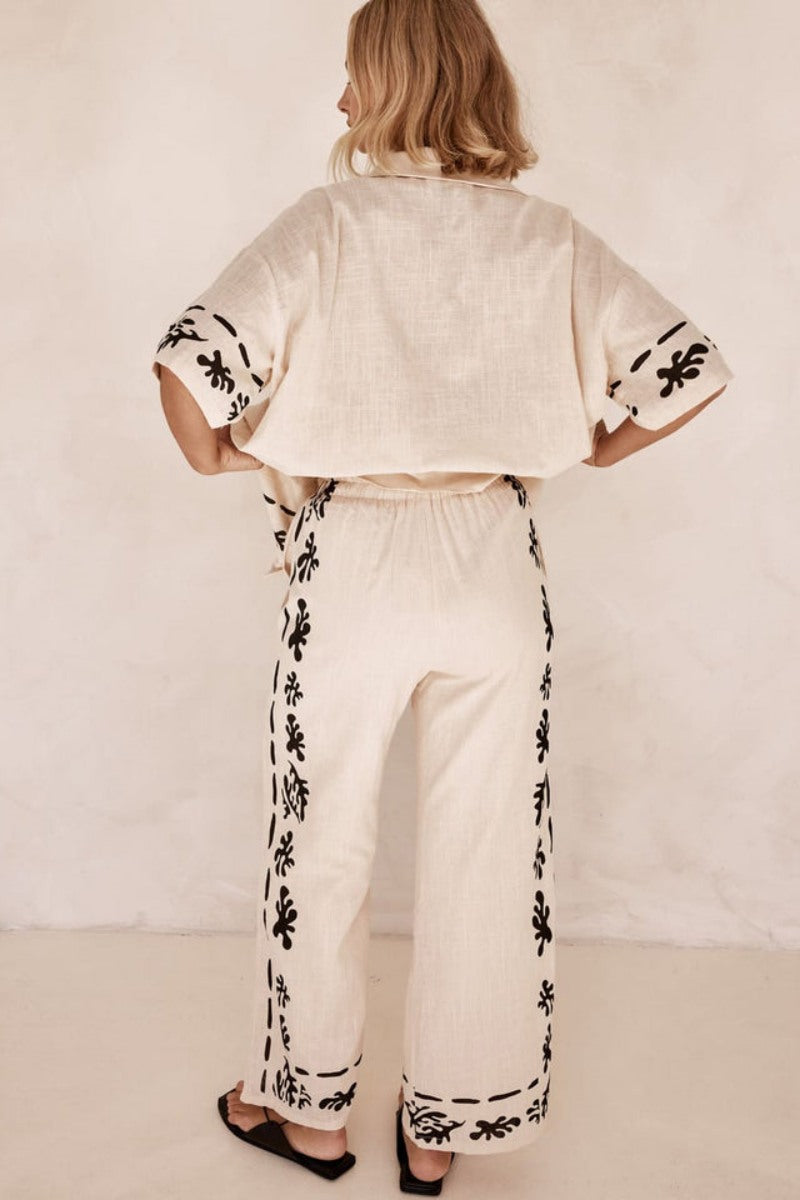 Black Printed Cream Wide Leg Pants-Set