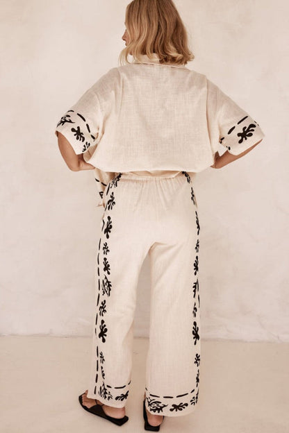 Black Printed Cream Wide Leg Pants-Set