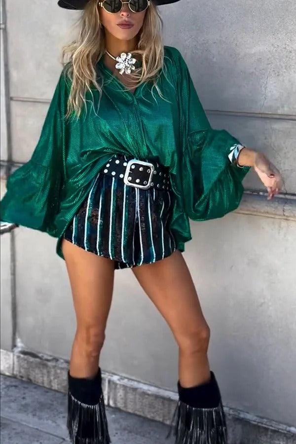 Cheers To That Glitter Fabric Button Up Balloon Sleeve Loose Blouse
