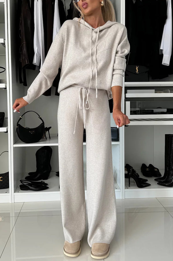 Conjunto de sudadera con capucha holgada de color liso y pantalones rectos casuales con cintura elástica 