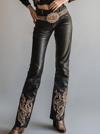 sheenchic PU Leather Embroidery High Rise Straight Pants