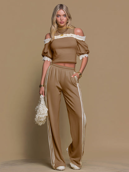 Sporty Retro Off-the-shoulder Short-sleeved T-shirt And Wide-leg Pants Set