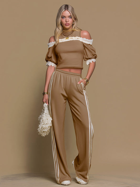 Sporty Retro Off-the-shoulder Short-sleeved T-shirt And Wide-leg Pants Set