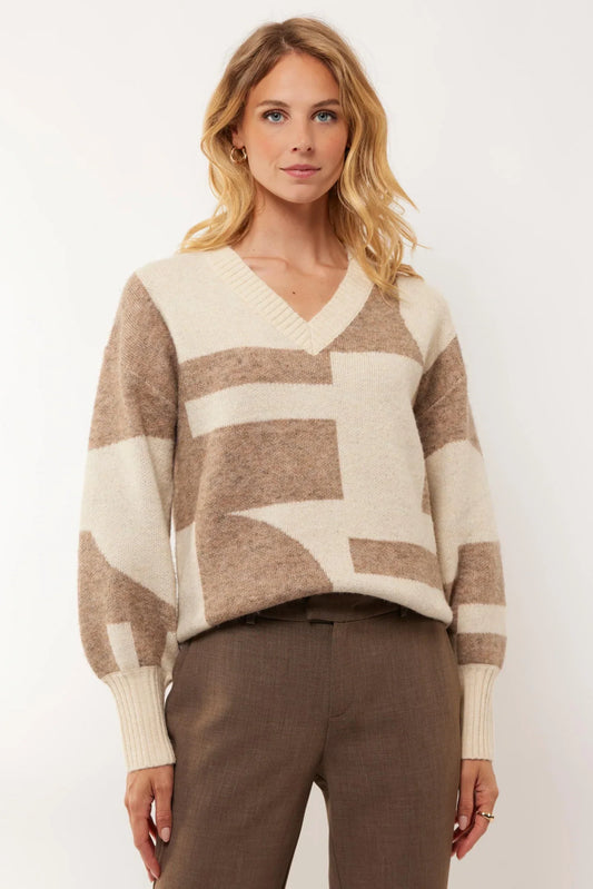 Maison Geometric Knit Sweater | V-Neck | Balloon Sleeve