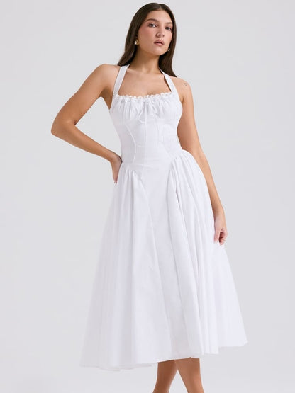 White Backless Halter Midi Dress