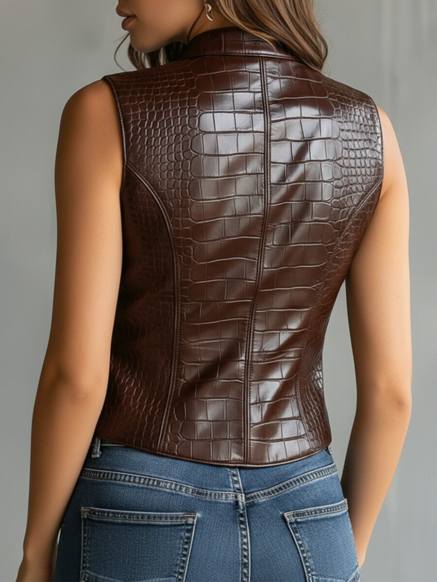 sheenchic Daily Brown Stand-Up Collar Vintage Button PU Leather Vest [Pre-Order]