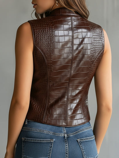 sheenchic Daily Brown Stand-Up Collar Vintage Button PU Leather Vest [Pre-Order]