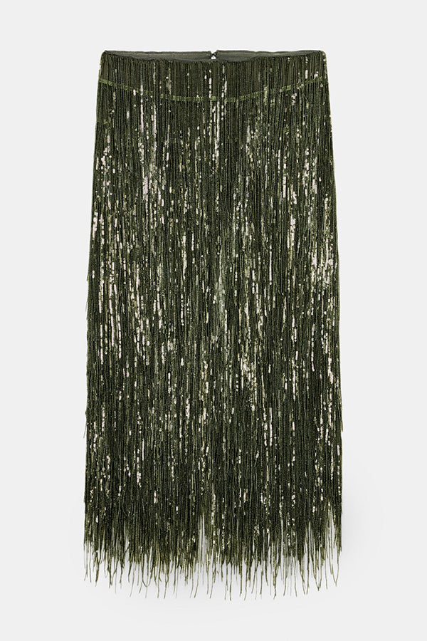 Party Crasher Layered Sequined Tassels High Rise Back Zipper Midi Skirt