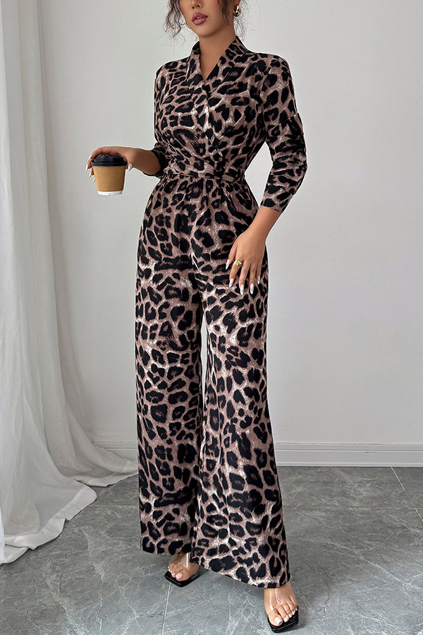 Fashionable Leopard Print Long-sleeved High-waisted Casual Wide-leg Jumpsuit