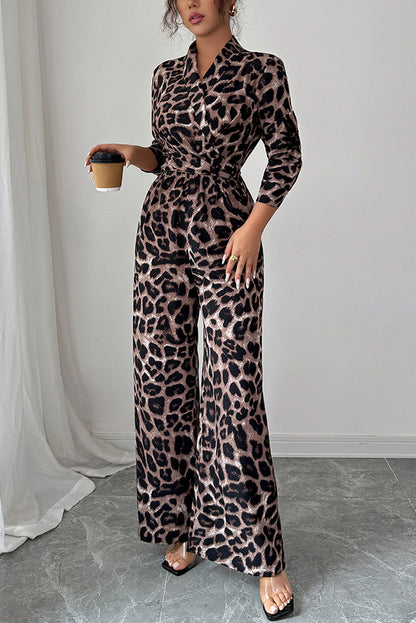 Fashionable Leopard Print Long-sleeved High-waisted Casual Wide-leg Jumpsuit