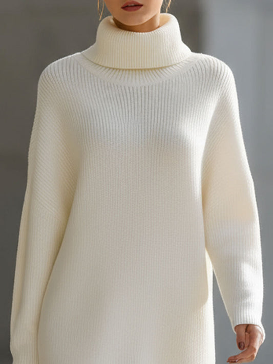 Elegant Cream Turtleneck Ribbed Knit Sweater Dress